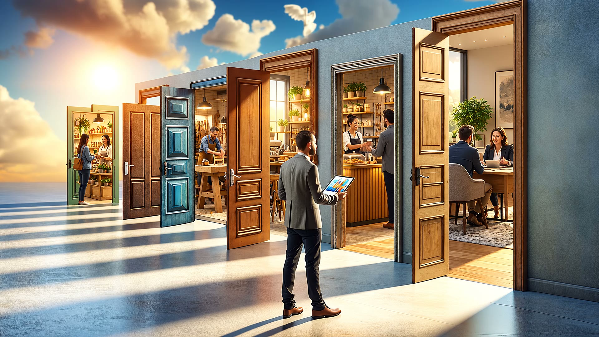 Open doors reveal a shop, workshop, café and professional office, with people working and serving customers.